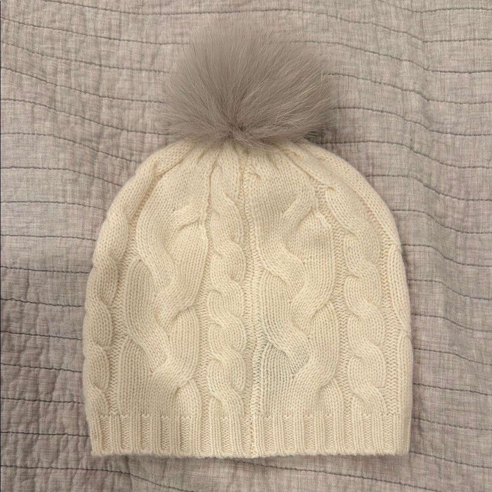 Cream Cable Knit Beanie with Pom Pom